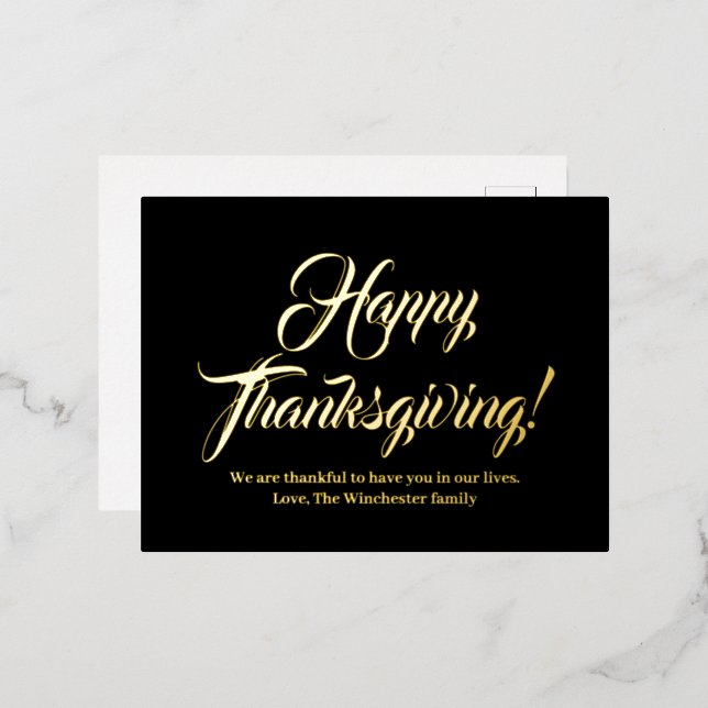 Carte Postale De Vacances En Aluminium Bon thanksgiving noir script personnalisé élégant (Recto/Verso)