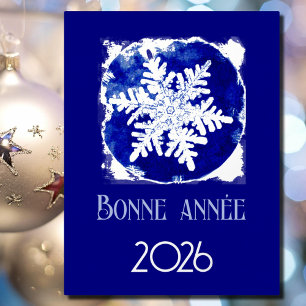 Carte Postale De Vacances En Aluminium Bonne Année - flocon de neige - 2026 bleu argent