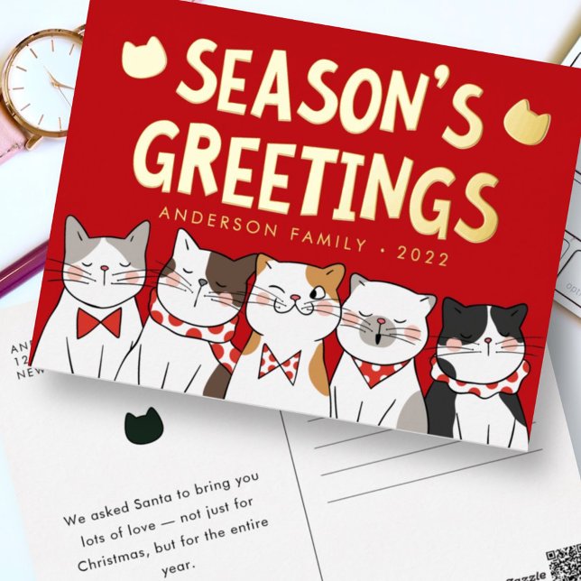 Carte Postale De Vacances En Aluminium Bonnes Fêtes Drôle Mignonne Chats Caroling (Créateur téléchargé)