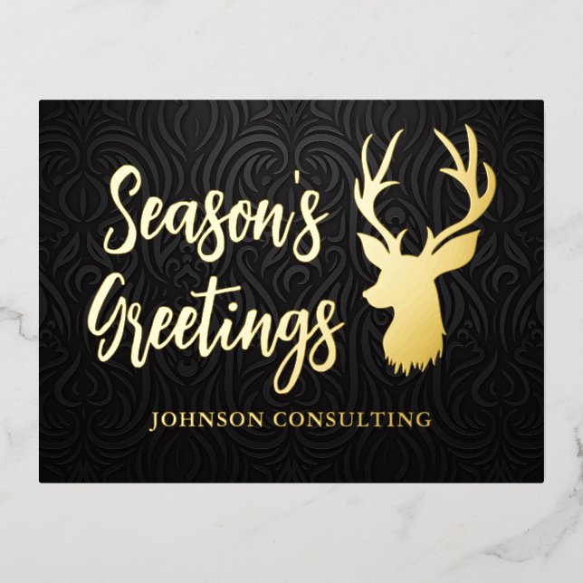 Carte Postale De Vacances En Aluminium Bonnes Fêtes Elégant noir Damask Reindeer (Recto)