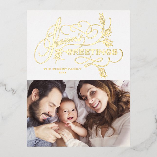 Carte Postale De Vacances En Aluminium Bonnes Fêtes élégantes Flourish Family Photo (Recto)