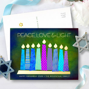 Carte Postale De Vacances En Aluminium Bougies de Hanukkah bleues Paix Amour Lumière Or R