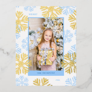 Carte Postale De Vacances En Aluminium Cadre de Noël Blue Snowflop Design Lumière