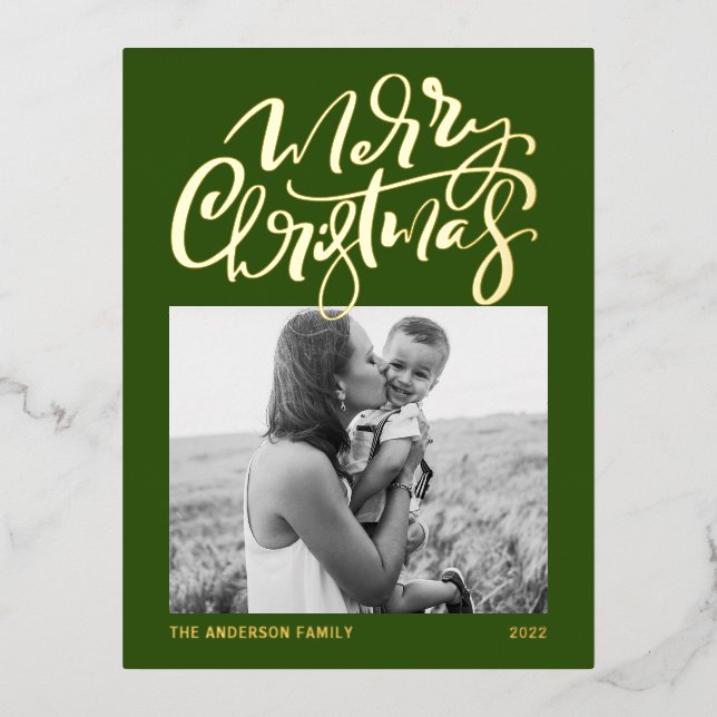 Carte Postale De Vacances En Aluminium Calligraphie moderne Green Merry Christmas Photo (Recto)