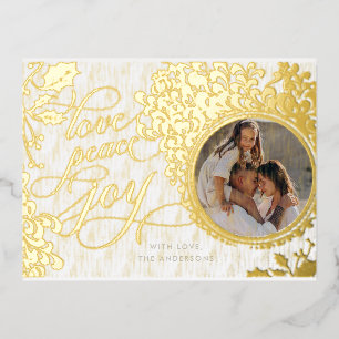Carte Postale De Vacances En Aluminium Calligraphie vintage Amour, Joie, Paix 1 Photo