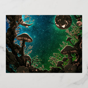 Carte Postale De Vacances En Aluminium Champignons et Lunes Bleu Turquoise Fairycore