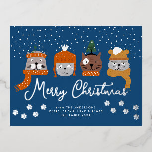 Carte Postale De Vacances En Aluminium Chats mignons en bonnets de Noël en bleu neige