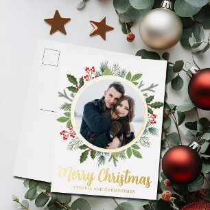 Carte Postale De Vacances En Aluminium Chic Merry Christmas Wreath Photo Gold