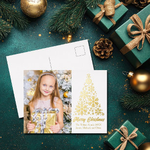 Carte Postale De Vacances En Aluminium Chic Snowflakes Arbre de Noël Famille Photo Or