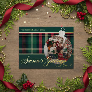 Carte Postale De Vacances En Aluminium Classic Red Green Plaid Seasons Greet Bulb Photo