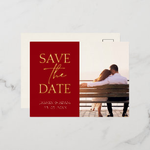Carte Postale De Vacances En Aluminium Crimson Red Photo Wedding Enregistrer la date Or