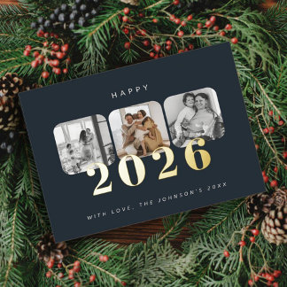 Carte Postale De Vacances En Aluminium Dark Navy Happy New Year 2026 Photo Gold
