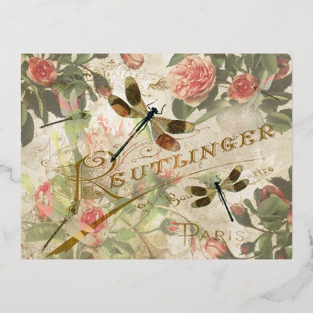 Carte Postale De Vacances En Aluminium Dragonfly vintage et Roses (Recto)
