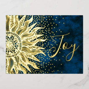 Carte Postale De Vacances En Aluminium Elégant Blue Joy Boho Sun Mandala Christmas Gold