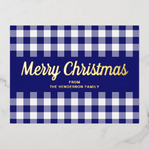 Carte Postale De Vacances En Aluminium Élégant Gold Script Bleu En vichy Joyeux Noël