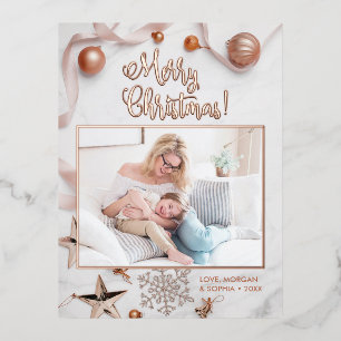 Carte Postale De Vacances En Aluminium Élégant Rose Gold Joyeux Noël, Photo, Message