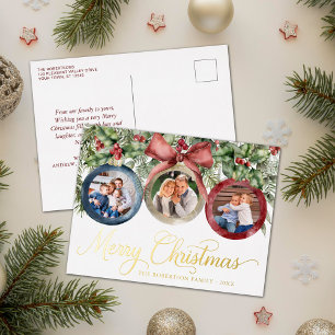 Carte Postale De Vacances En Aluminium Élégant Script Noël Photos Ornements Or