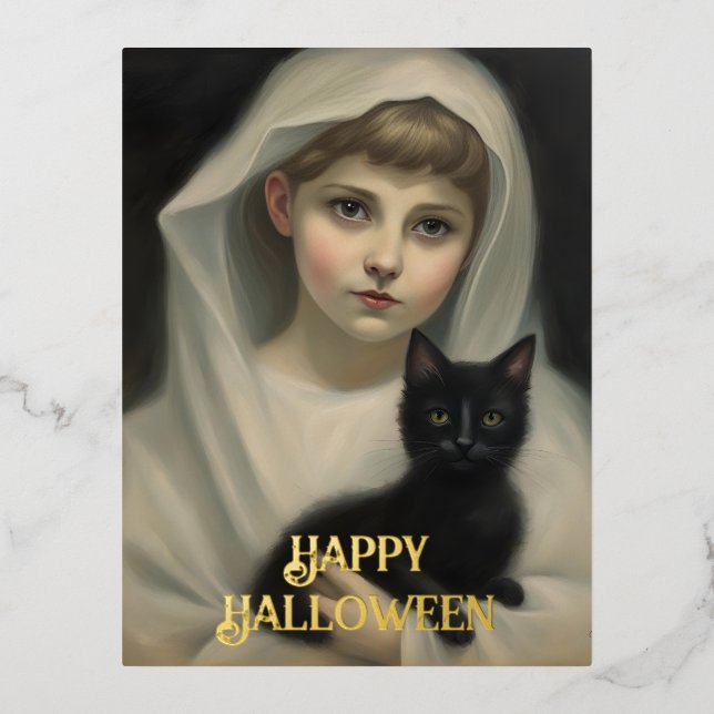 Carte Postale De Vacances En Aluminium Fantôme et Halloween de chat noir (Recto)
