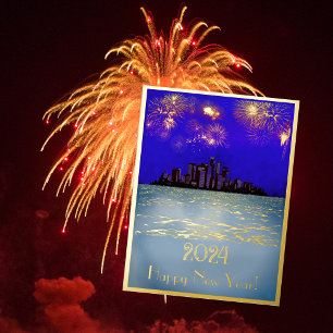 Carte Postale De Vacances En Aluminium Feux d'artifice dorés du nouvel an sur la ville 