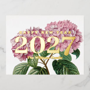 Carte Postale De Vacances En Aluminium Fleur d'hortensia rose Nouvel An 2027 Or