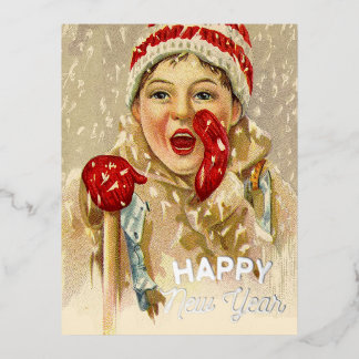 Carte Postale De Vacances En Aluminium Garçon vintage dans la neige - Nouvel An