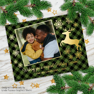 Carte Postale De Vacances En Aluminium Gold Deer & Snowflakes Green Black Plaid Motif
