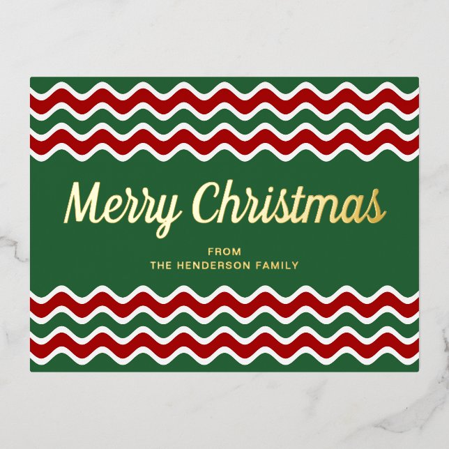Carte Postale De Vacances En Aluminium Gold Script Green Stripes Joyeux Noël (Recto)