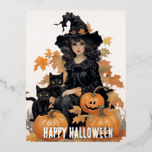 Carte Postale De Vacances En Aluminium Halloween sorcière vintage et chats noirs