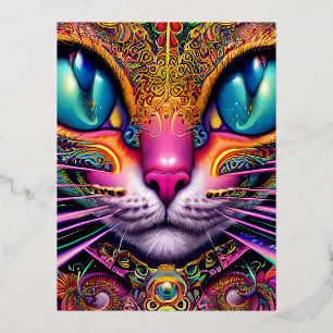 Carte Postale De Vacances En Aluminium Imaginaire psychédélique Chat Caractère Portrait
