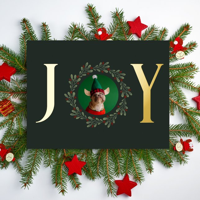 Carte Postale De Vacances En Aluminium Joy Chien Photo Dark Green Christmas Wreath Gold (Créateur téléchargé)