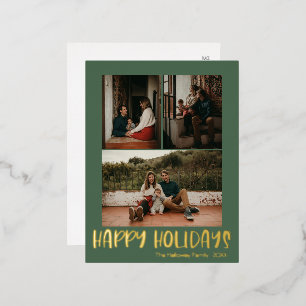 Carte Postale De Vacances En Aluminium Joyeuses fêtes   3 photo verticale verte   Or