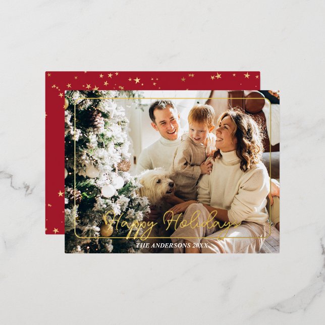 Carte Postale De Vacances En Aluminium Joyeuses fêtes, Nom photo Gold Foil Post Card (Recto/Verso)