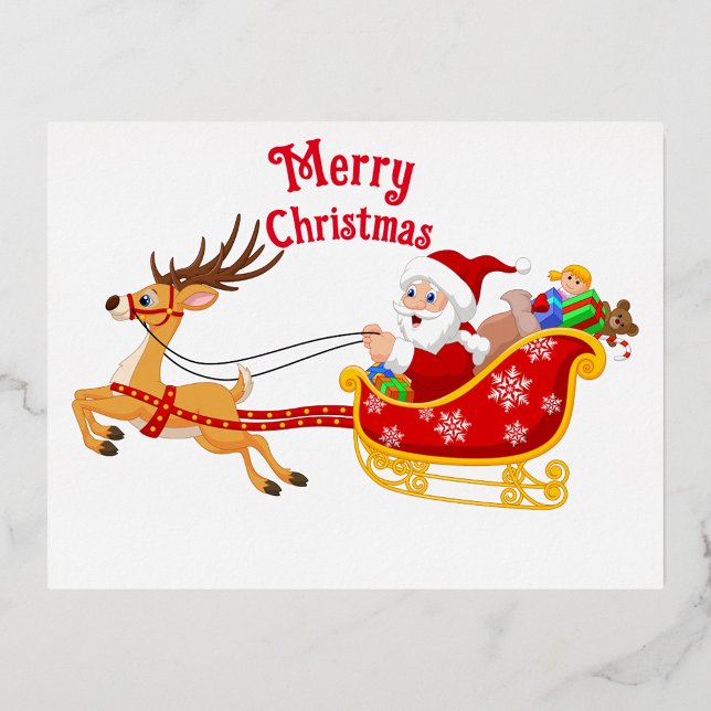 Carte Postale De Vacances En Aluminium Joyeux Noël (Cartoon illustration of Santa Claus riding in a red and gold sleigh pulled by a reindeer.)