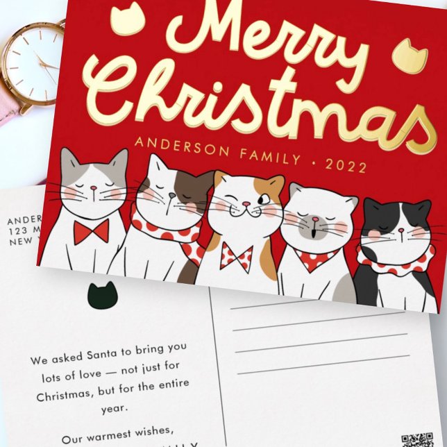 Carte Postale De Vacances En Aluminium Joyeux Noël Drôle Mignonne Chats Caroling (Créateur téléchargé)