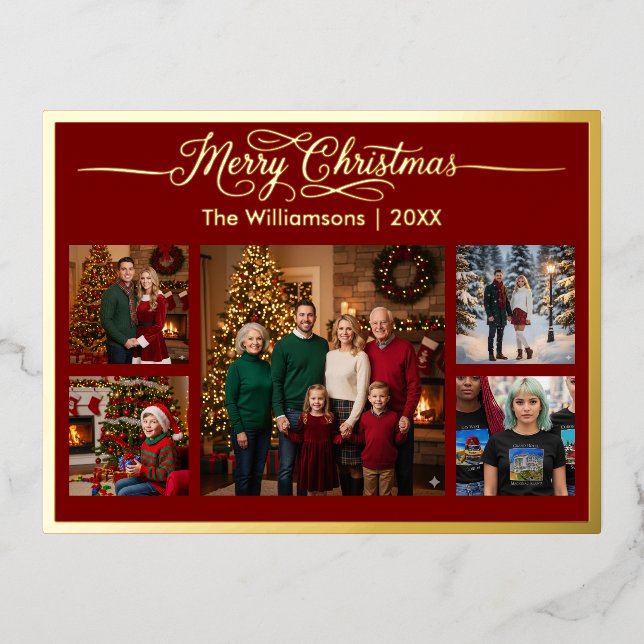 Carte Postale De Vacances En Aluminium Joyeux Noël Famille Cinq Photo Rouge (Recto)