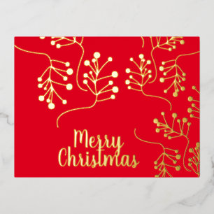 Carte Postale De Vacances En Aluminium Joyeux Noël Houx Baie Or Pressé Rouge