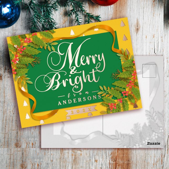 Carte Postale De Vacances En Aluminium Joyeux Noël Jaune Vert Jaune (Merry and Bright Christmas Yellow Green Foil Holiday Postcard)