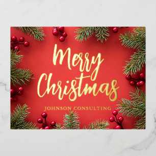 Carte Postale De Vacances En Aluminium Joyeux Noël moderne Holly Berries Aiguilles de pin