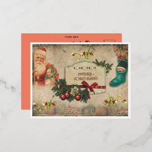 Carte Postale De Vacances En Aluminium Joyeux Noël Père Noël Rose Or