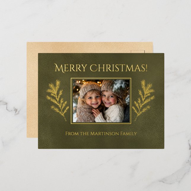 Carte Postale De Vacances En Aluminium Joyeux Noël Pine Branches Photo Green (Recto/Verso)