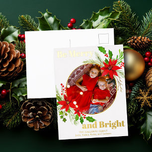 Carte Postale De Vacances En Aluminium Joyeux Noël Poinsettia Photo Gold