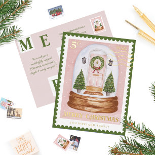 Carte Postale De Vacances En Aluminium Joyeux Noël Porte Rose Snowglobe Postage Timbre