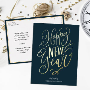 Carte Postale De Vacances En Aluminium Joyeux Nouvel An Bleu Gold Script moderne non phot