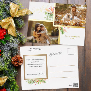 Carte Postale De Vacances En Aluminium Joyful Script Botanical 2-Photo w/Gold Frame