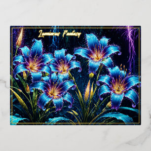 Carte Postale De Vacances En Aluminium Lys bleu brillant nuit imaginaire floral éclatant