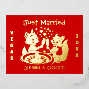 Carte Postale De Vacances En Aluminium Marié À Las Vegas, Fox Couple Rouge Et Or
