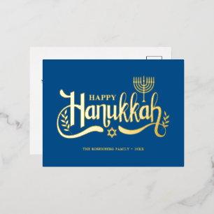 Carte Postale De Vacances En Aluminium Menorah d'or "Happy Hanoukka"