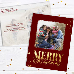 Carte Postale De Vacances En Aluminium Merry Christmas Burgundy Calligraphy Two Photo