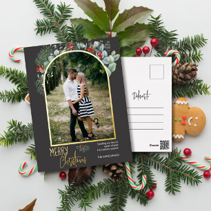 Carte Postale De Vacances En Aluminium Moderne Photo de Noël en Feuille de Vert Grise