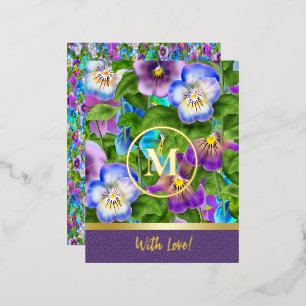 Carte Postale De Vacances En Aluminium Monogramme Anniversaire Pansy Violet Fleurs Aquare